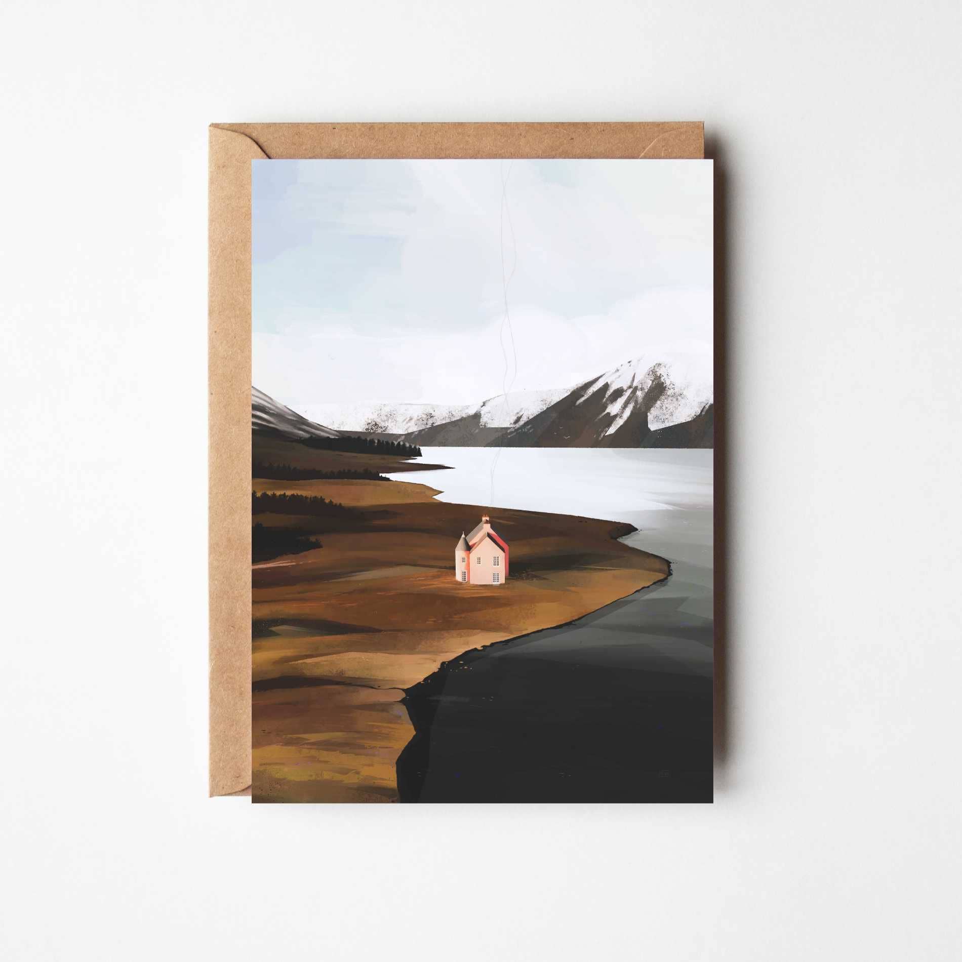 Loch Glass greeting card featuring Sara Willia's Highland loch landscape artwork with kraft envelope