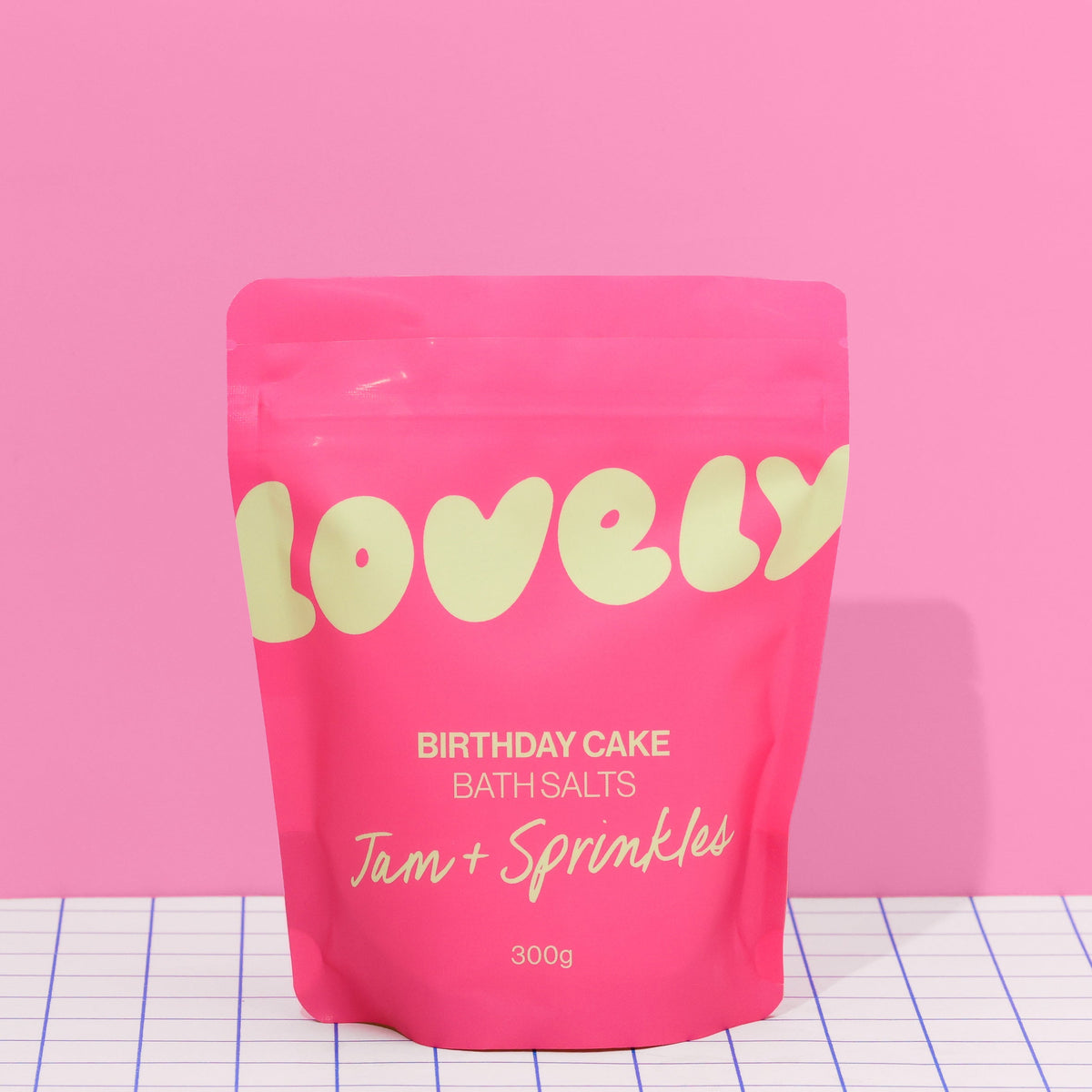 Birthday Cake bath salts pouch by Lovely Skincare styled lifestyle view