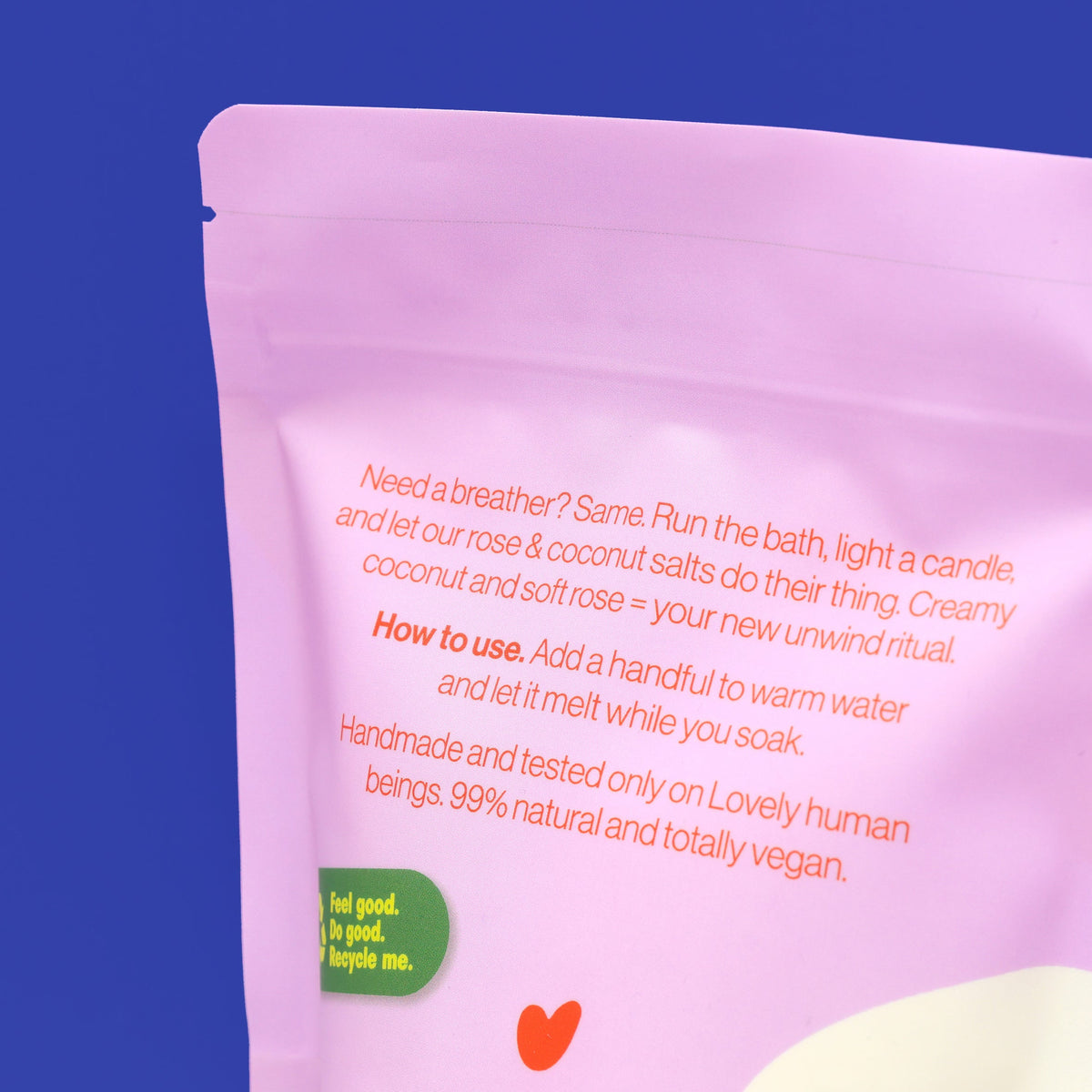 Back of the Rose and Coconut bath salts pouch with instructions