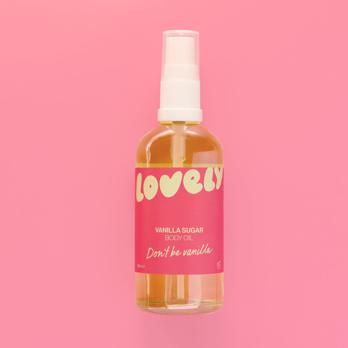 Vanilla Sugar body oil on a pink background