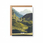 Luna's Glencoe greeting card featuring Sara Willia's moonlit Glencoe landscape artwork with kraft envelope