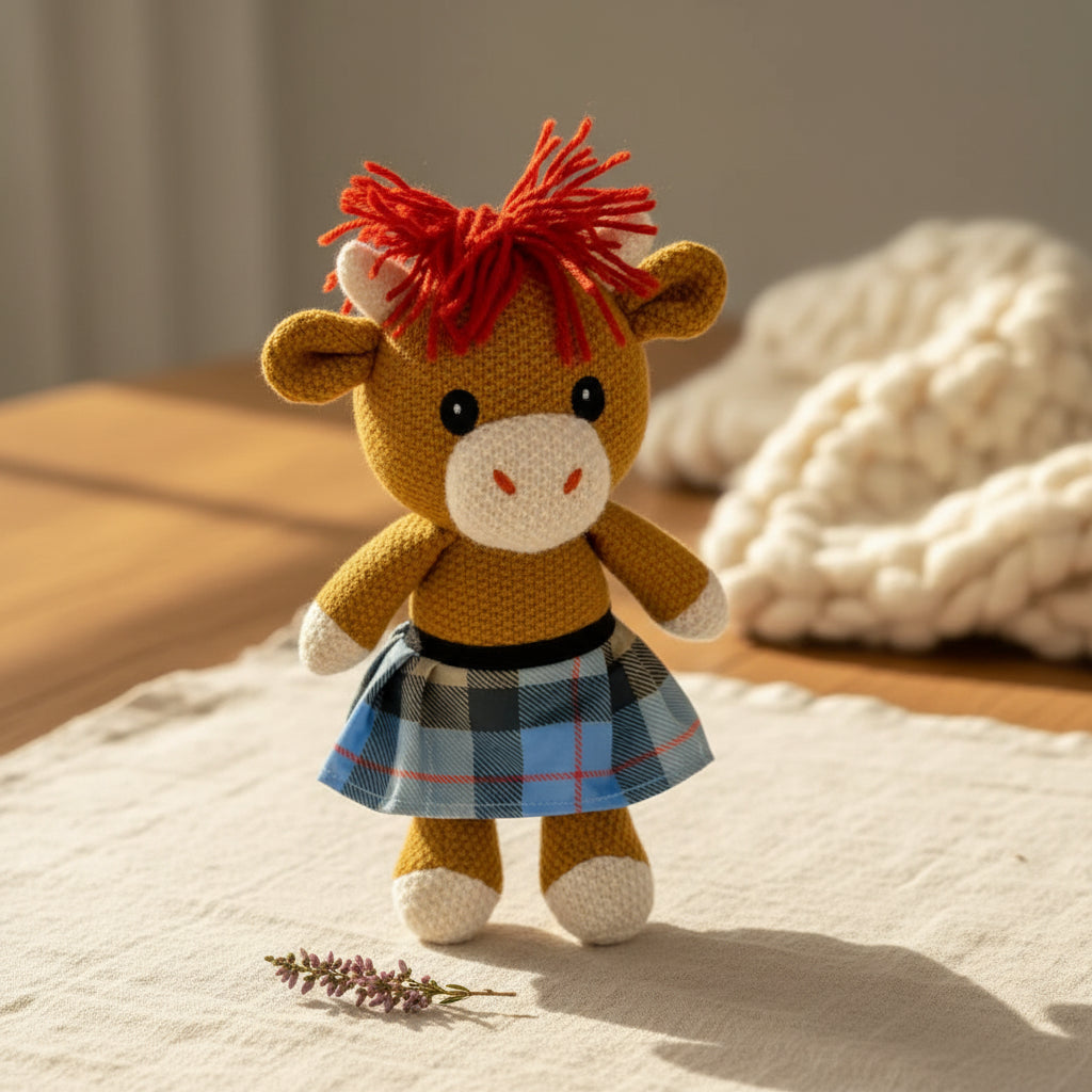 Close detail of Alfie the Highland cow's crochet face, horns and fringe