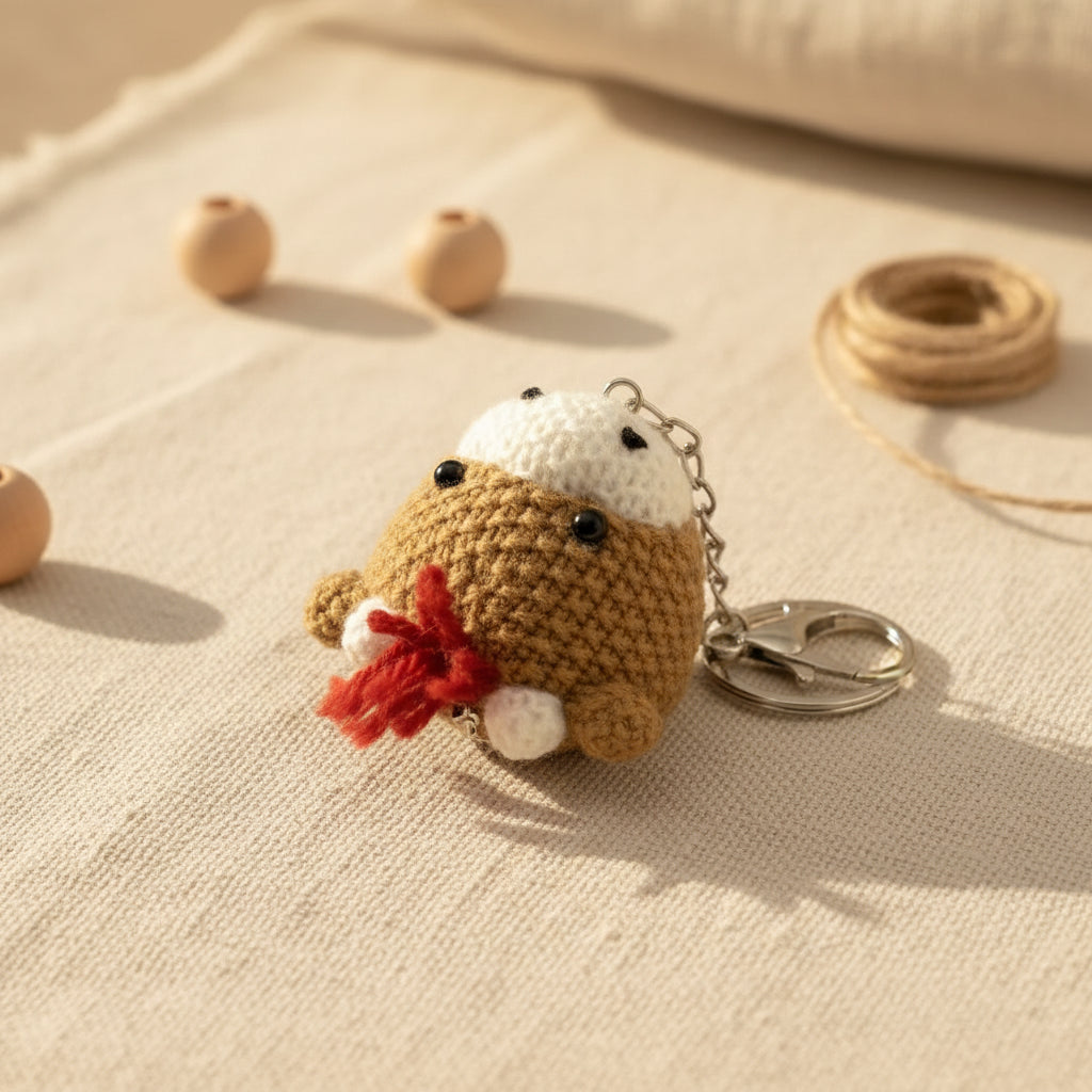 Crochet Highland cow keychain seen from another angle showing the clip