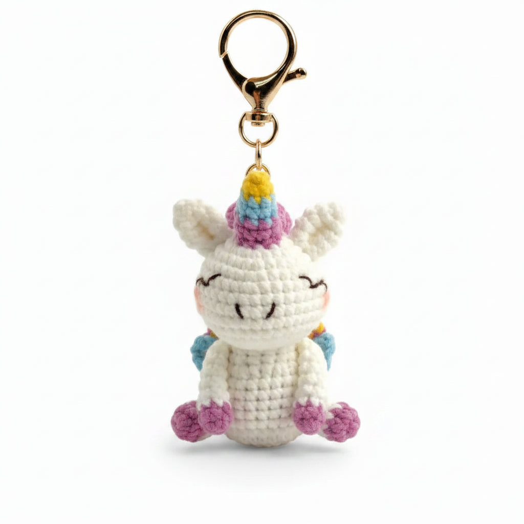 Close detail of the crochet stitching on the mini unicorn keychain
