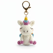 Close detail of the crochet stitching on the mini unicorn keychain