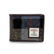 Blue and brown check Harris Tweed bifold wallet with black leather trim, front view