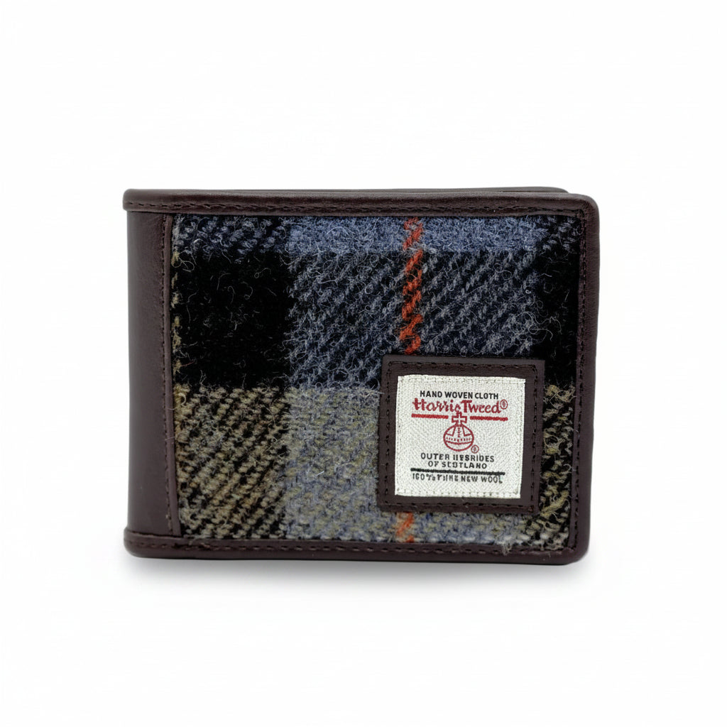 Blue and brown check Harris Tweed bifold wallet with black leather trim, front view