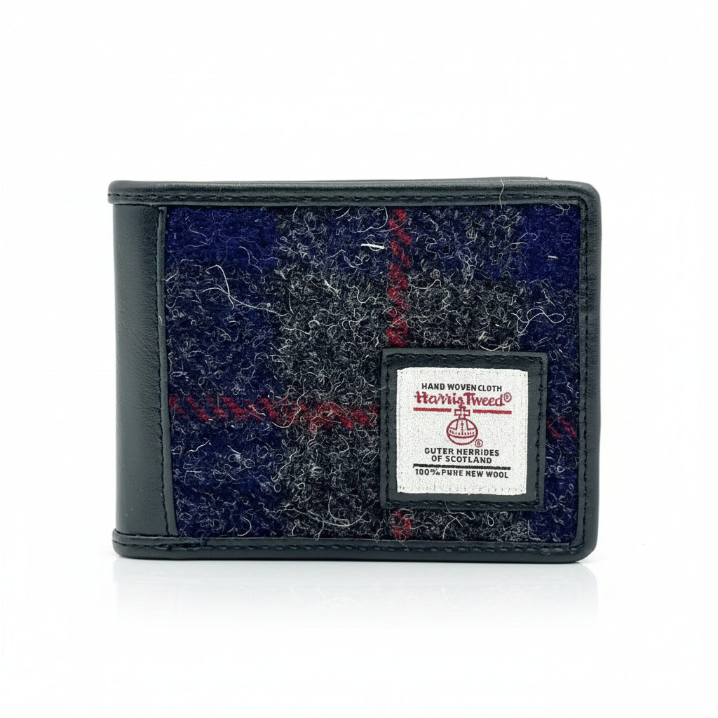 Navy blue check Harris Tweed bifold wallet with black leather trim, front view