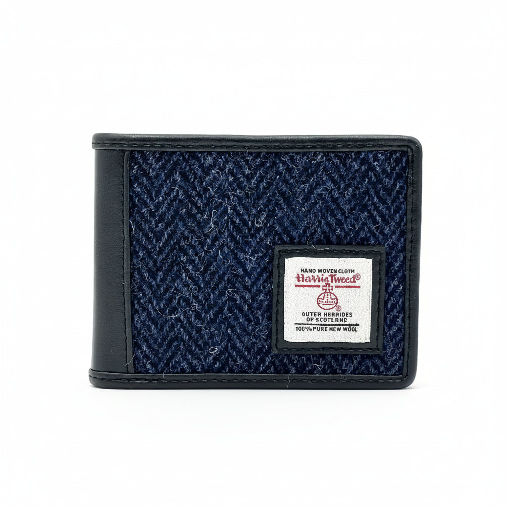 Blue herringbone Harris Tweed bifold wallet with black leather trim, front view