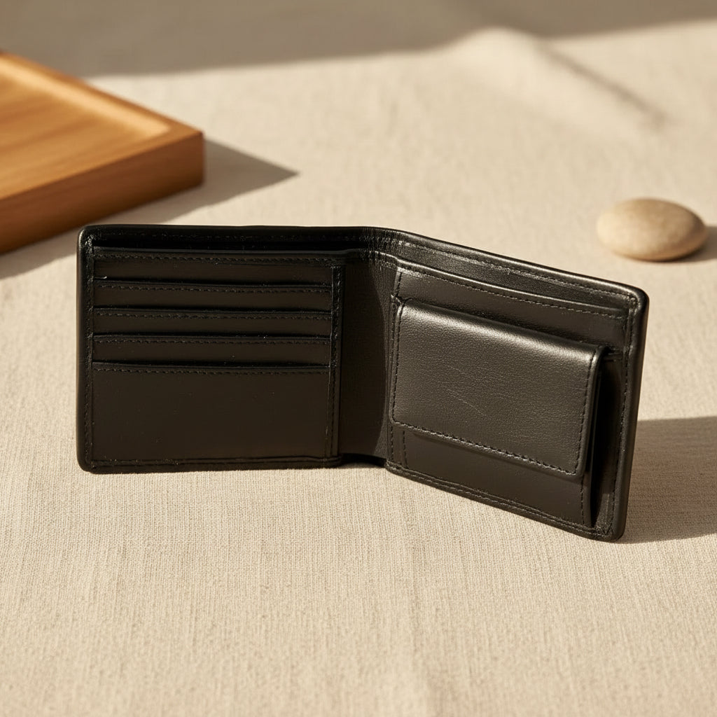 Harris Tweed bifold wallet open, showing card slots and zipped coin pouch