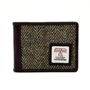 Country Green Harris Tweed bifold wallet with brown leather trim, front view