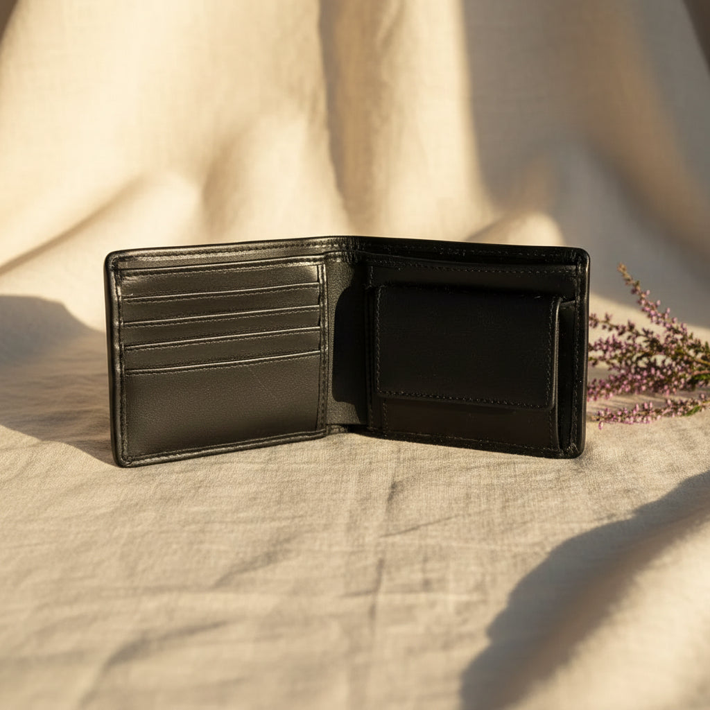 Harris Tweed bifold wallet open, showing card slots and zipped coin pouch