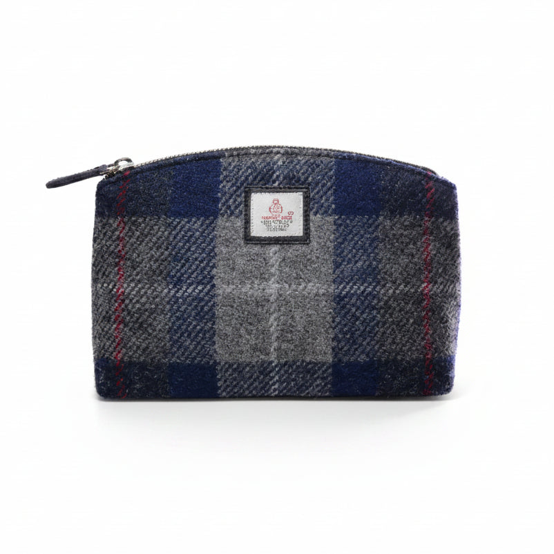 Navy and grey check Harris Tweed cosmetic bag with red overcheck and zip top
