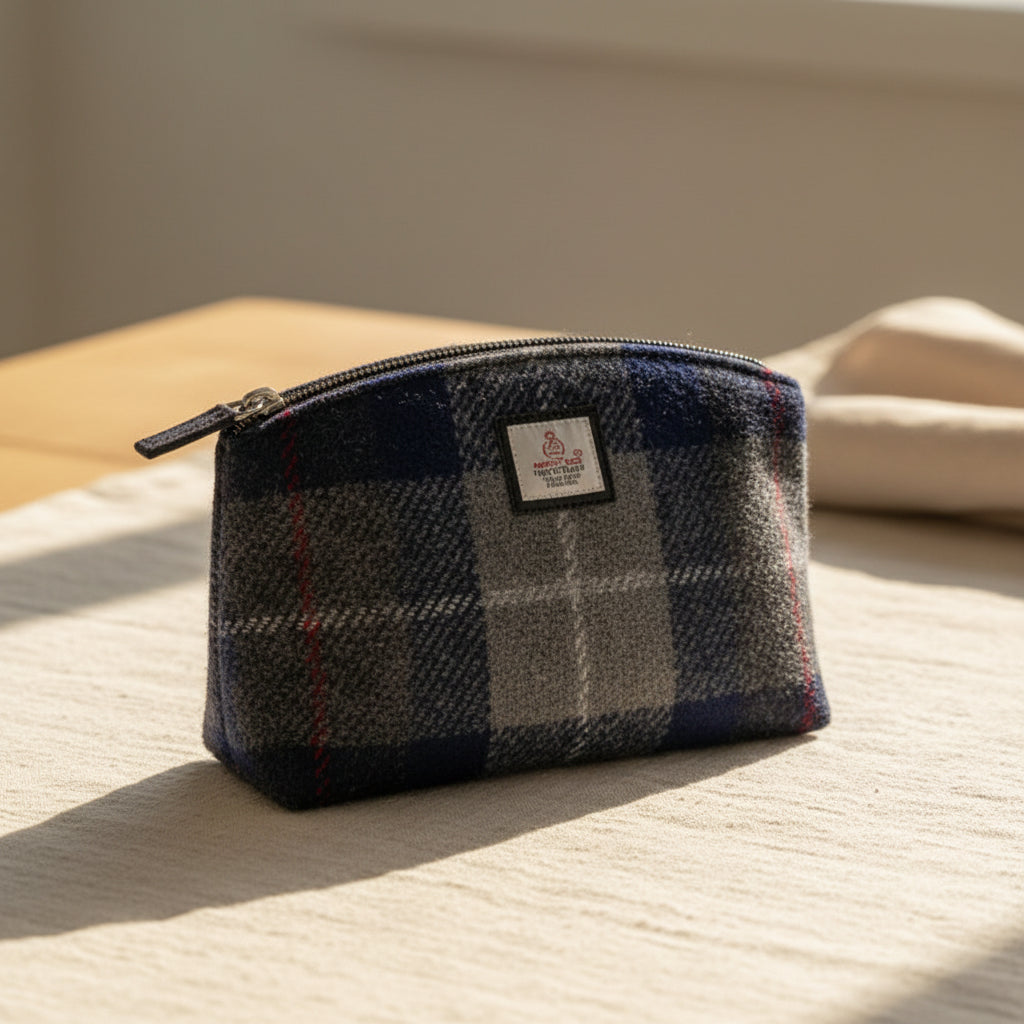 Blue Check Harris Tweed Cosmetic Bag