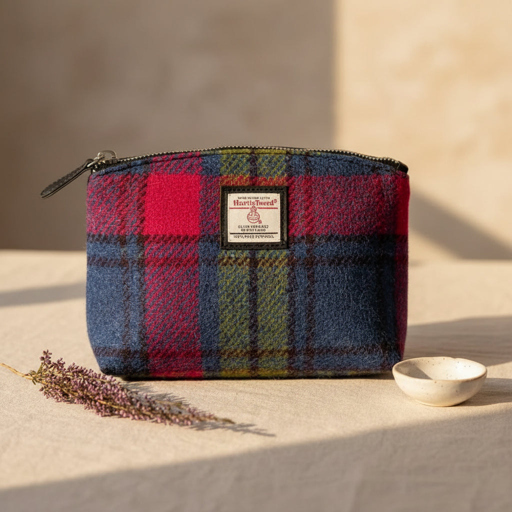 Blue and pink check tweed cosmetic bag viewed from another angle