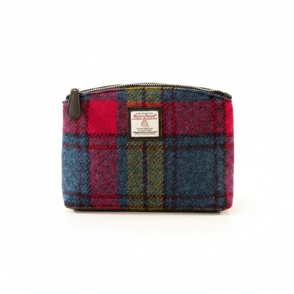 Blue and pink check Harris Tweed cosmetic bag with red overcheck and zip top