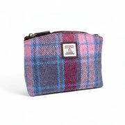 Pastel pink and lilac check Harris Tweed cosmetic bag with zip top
