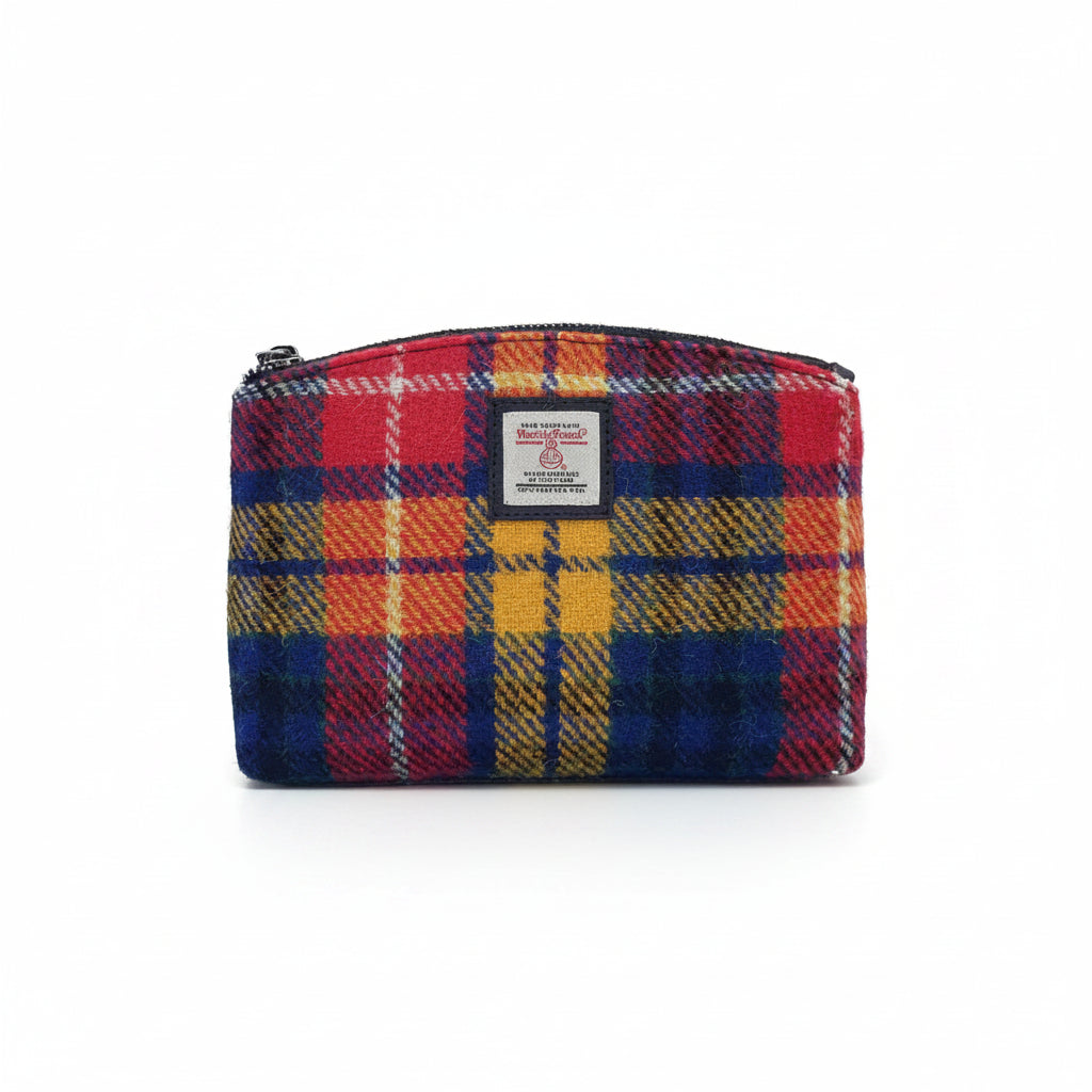 Saffron tartan Harris Tweed cosmetic bag in yellow, red and blue with zip top
