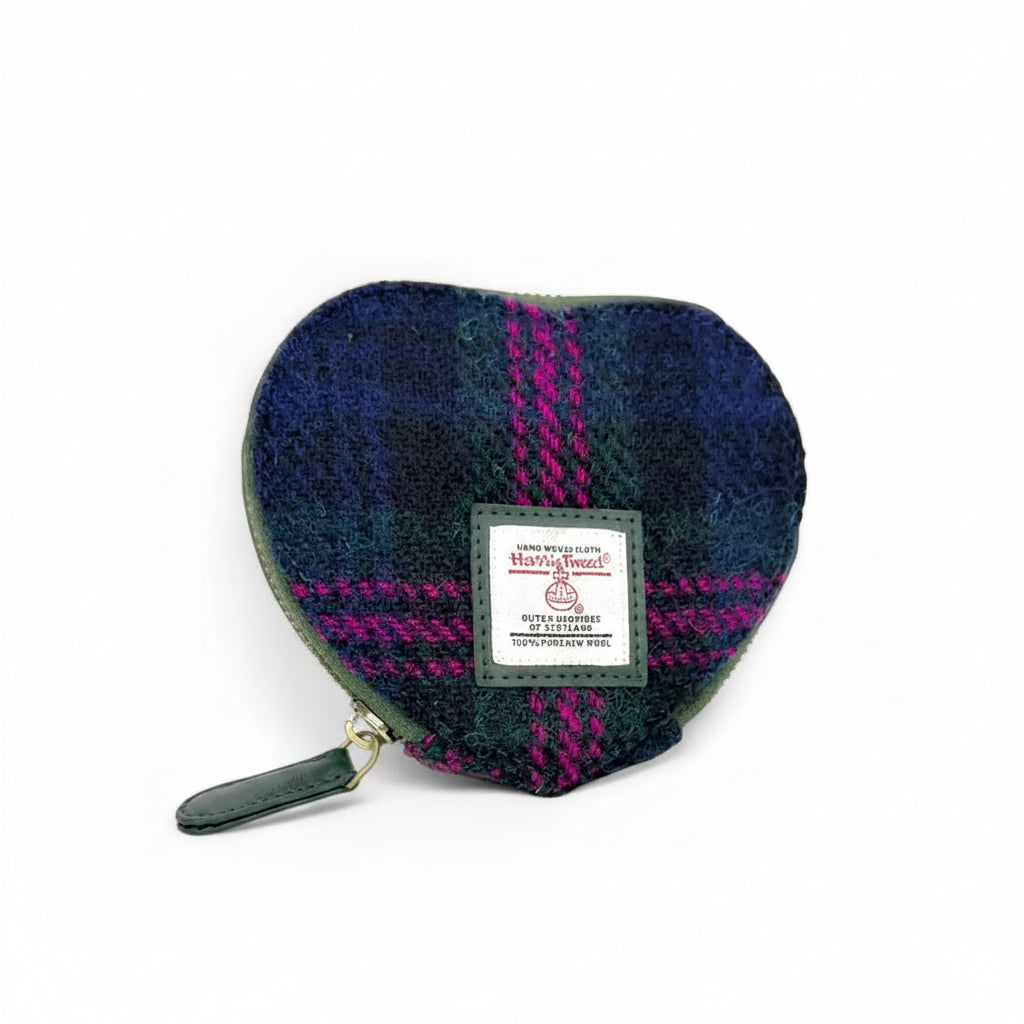 Navy and purple Baird Check Harris Tweed heart purse with pink overcheck