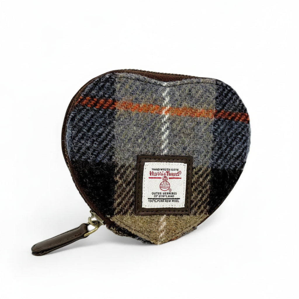 Brown and grey check Harris Tweed heart purse with orange overcheck and zip