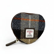Brown and grey check Harris Tweed heart purse with orange overcheck and zip