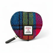 Blue and pink check Harris Tweed heart purse with zip and leather pull