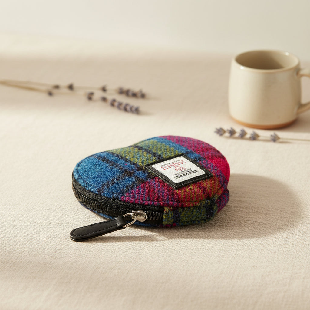 Heart-shaped plaid pouch with a visible brand label on a white background
