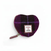 Deep purple check Harris Tweed heart purse with zip and leather pull