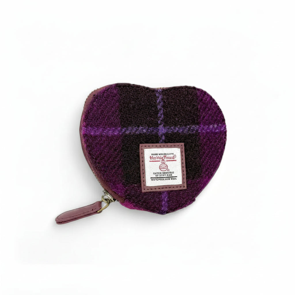 Deep purple check Harris Tweed heart purse with zip and leather pull