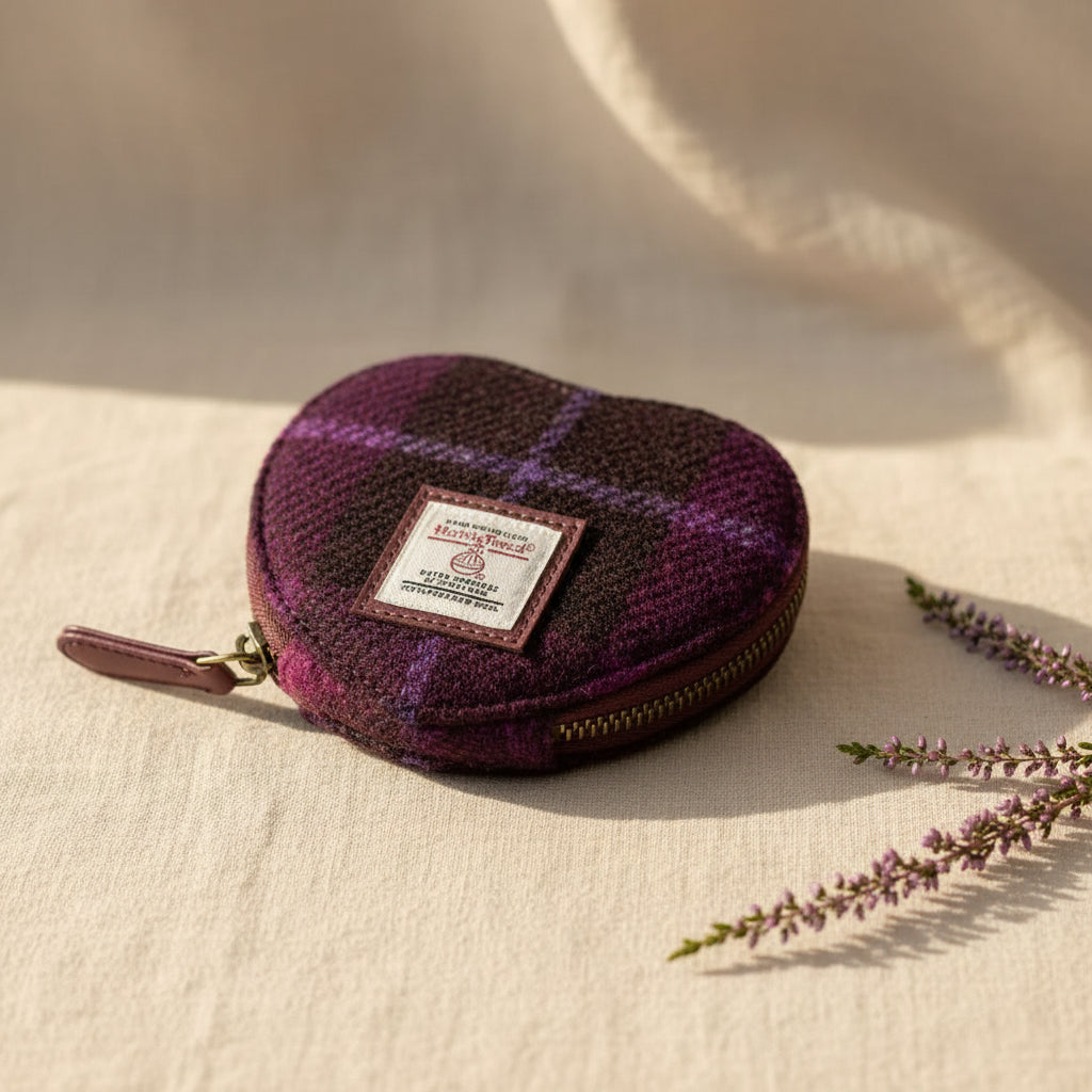 Heart-shaped purple and black checkered pouch with a brand label on a white background