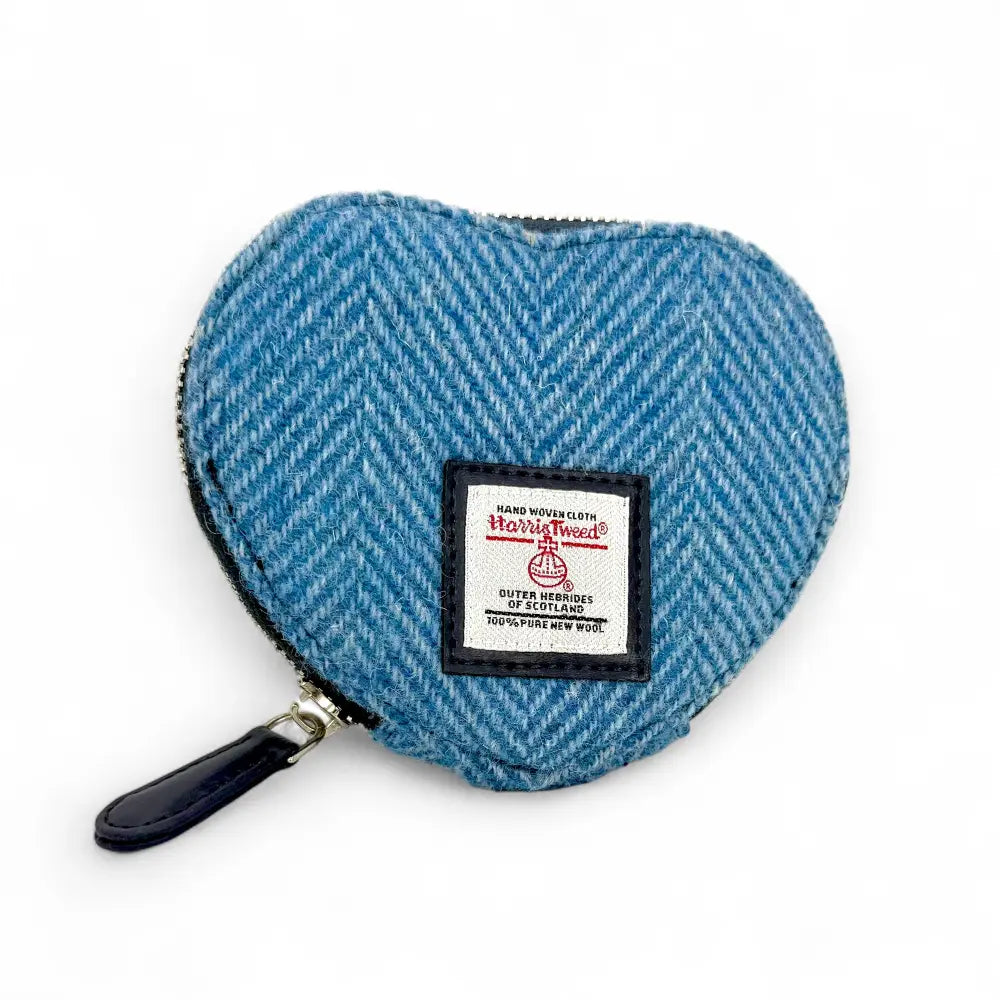 Sky blue herringbone Harris Tweed heart purse with zip and leather pull
