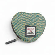 Sage turquoise herringbone Harris Tweed heart purse with zip and leather pull