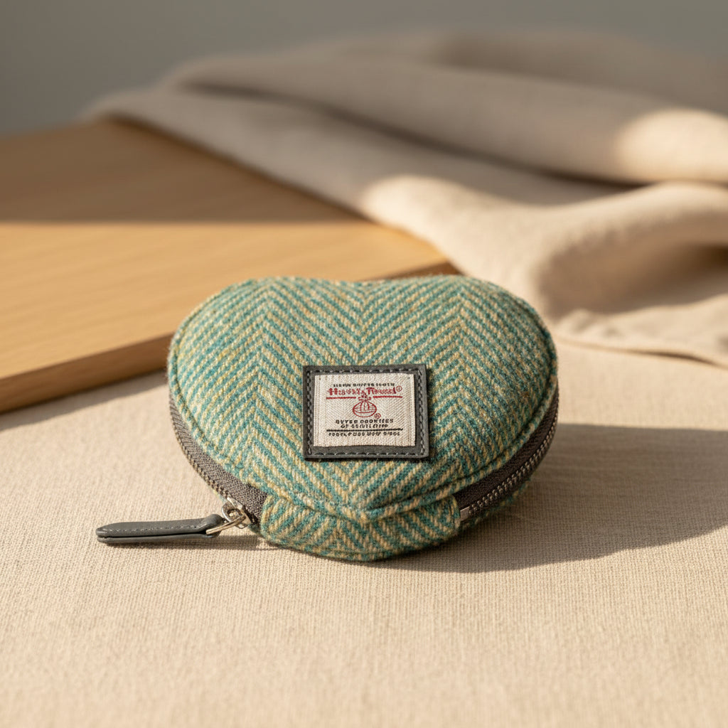 Heart-shaped pouch with herringbone pattern and visible brand label on a white background