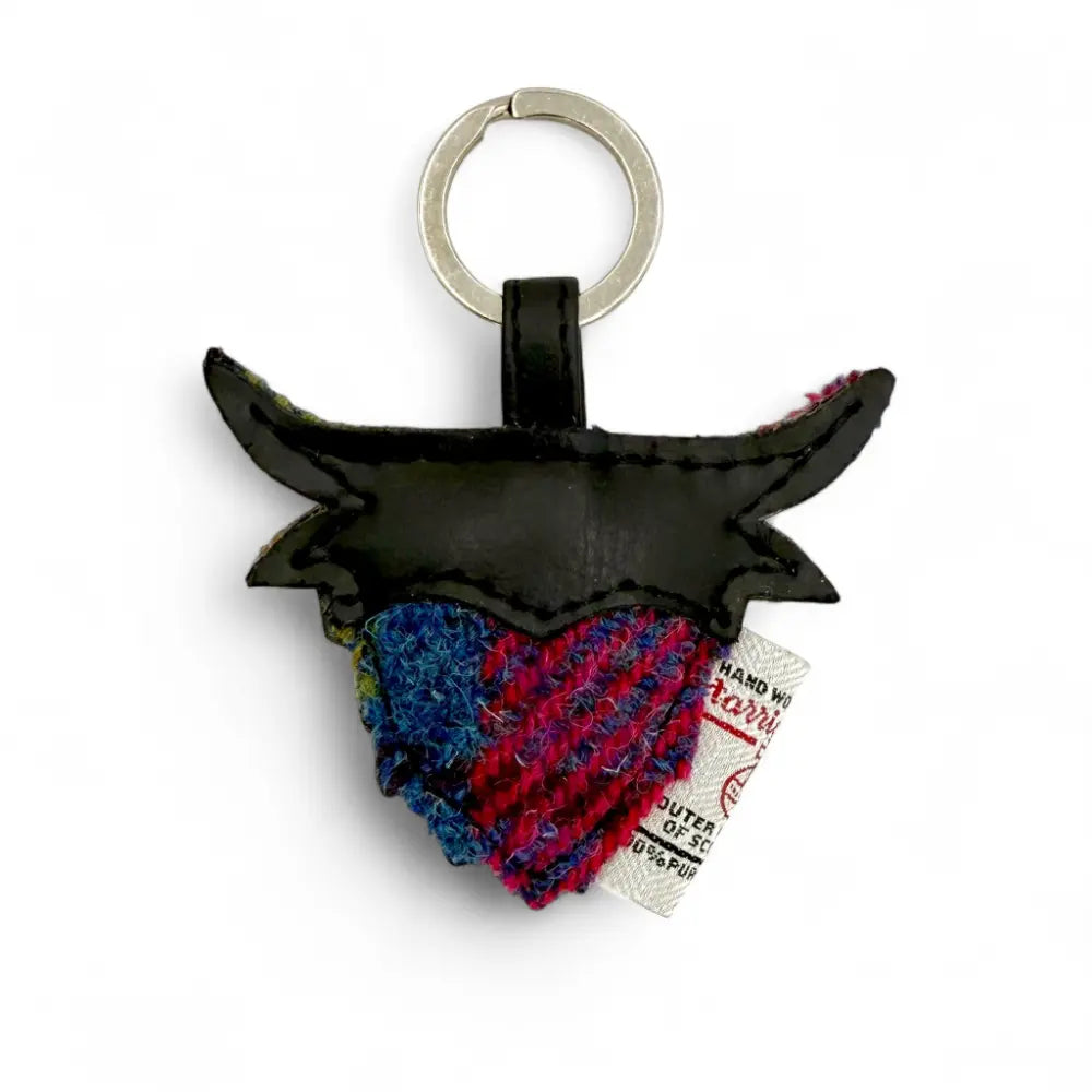 Blue and pink check Harris Tweed Highland cow keyring with black leather horns