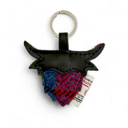 Blue and pink check Harris Tweed Highland cow keyring with black leather horns