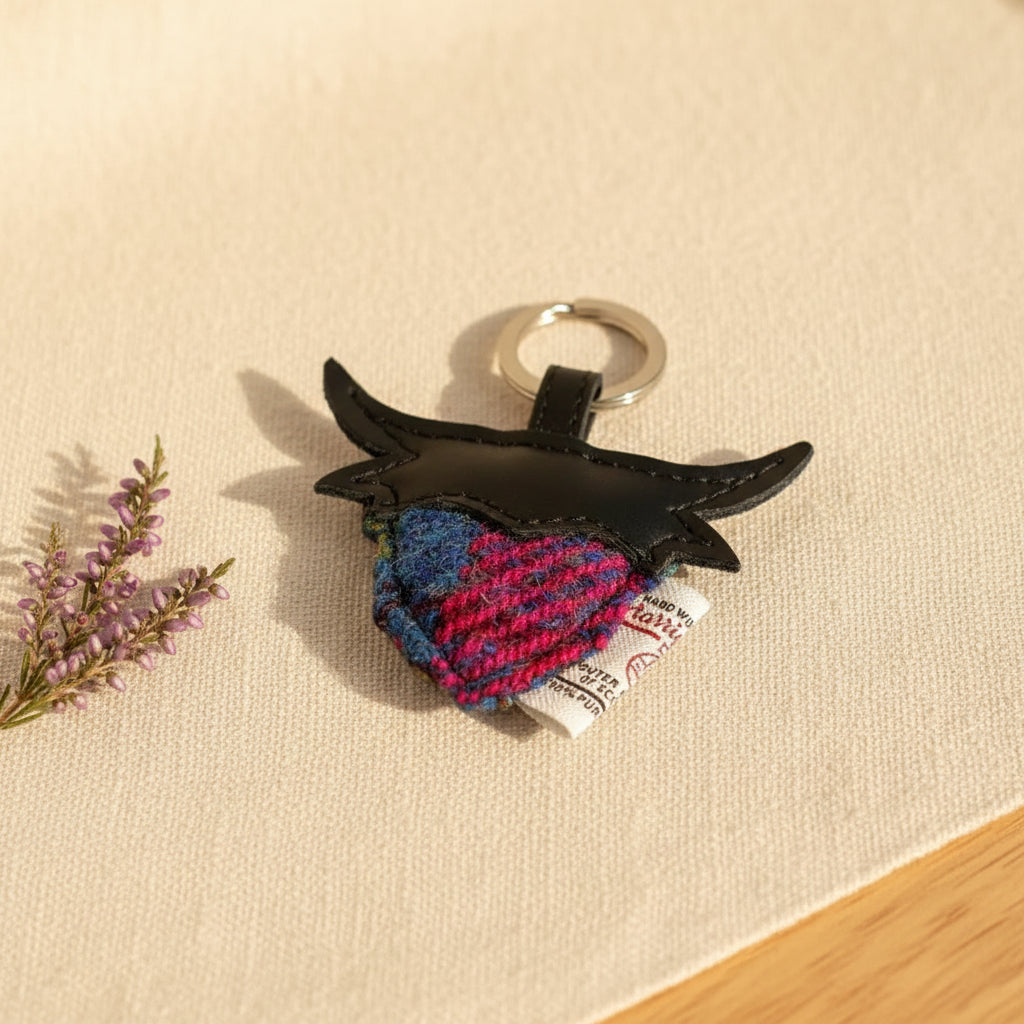 Keychain with black leather and multicolored heart design on a white background