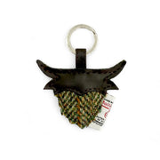 Country Green Harris Tweed Highland cow keyring with black leather face and horns