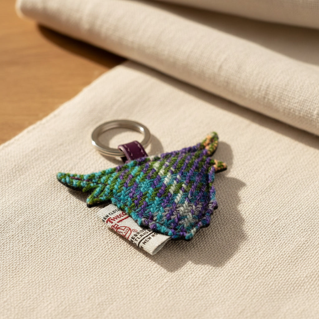 Green and purple plaid coo keyring shown from a second angle