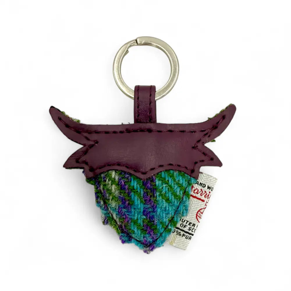 Green and purple plaid Harris Tweed Highland cow keyring with leather horns