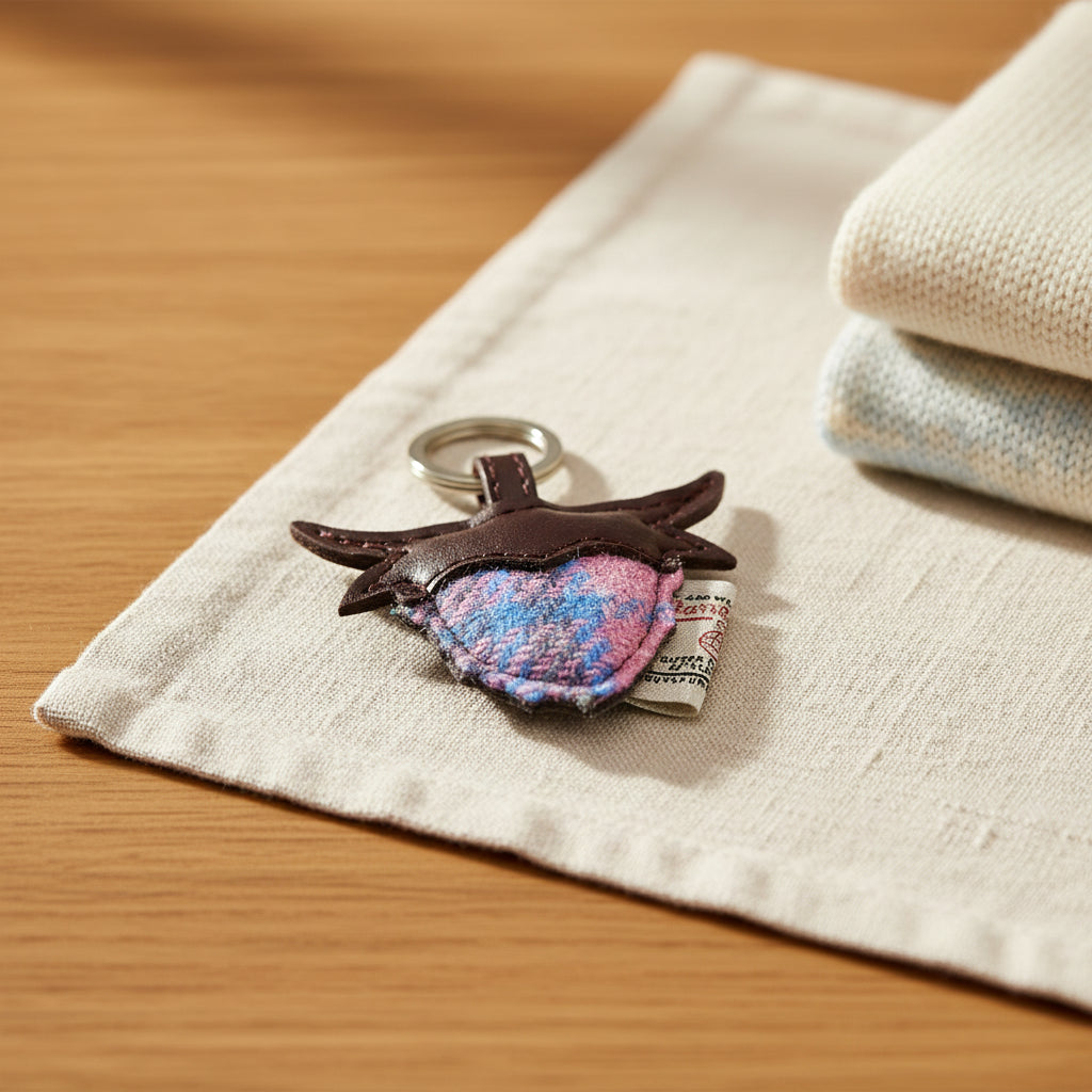 Keychain with cow head design and plaid pattern on a white background
