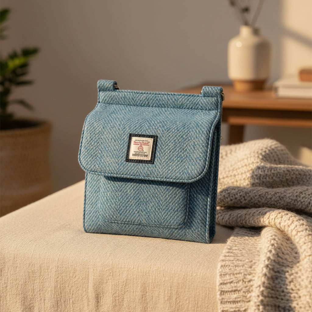 Blue herringbone patterned bag with a visible brand label on a white background