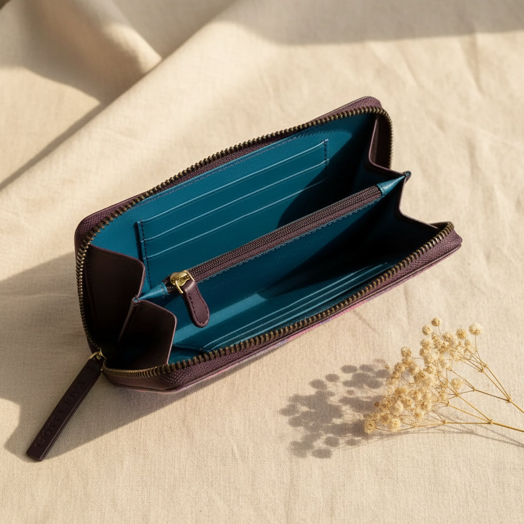 Pastel Pink Harris Tweed phone purse open showing teal lining, card slots and zip pocket