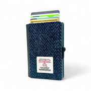 Maccessori blue Harris Tweed pop up card wallet with cards fanned from the top