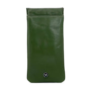 Olive green Italian leather glasses sleeve standing upright with embossed logo