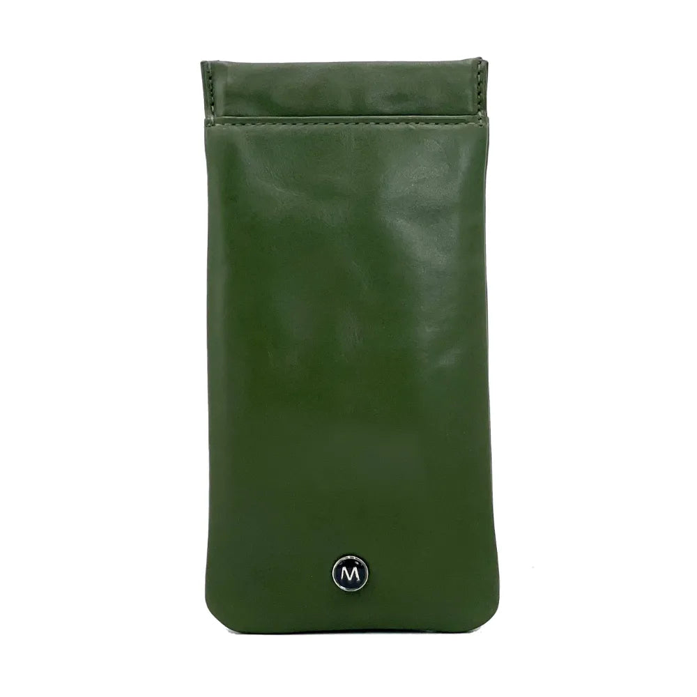 Olive green Italian leather glasses sleeve standing upright with embossed logo