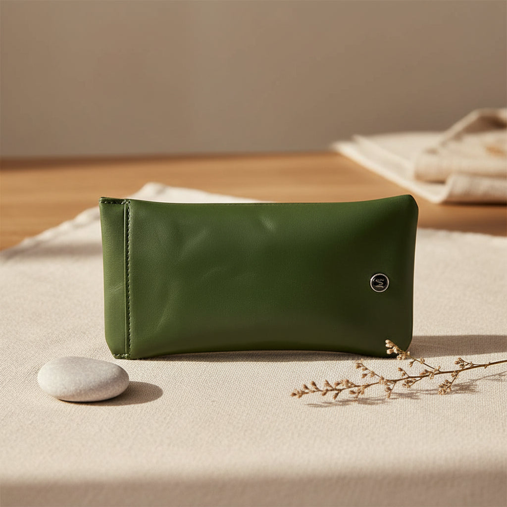 Green leather pouch with a brand logo on a white background