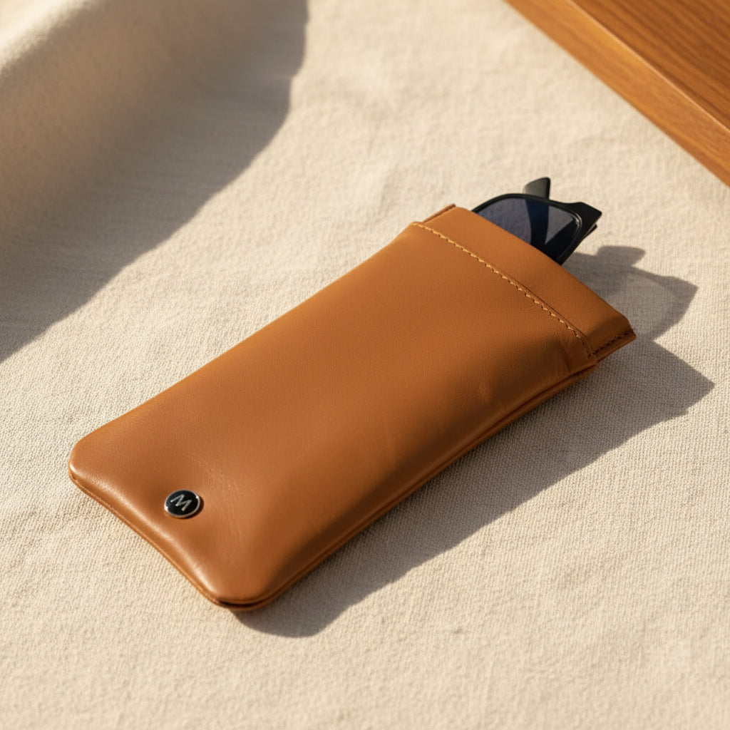 Tan leather glasses sleeve viewed at an angle showing the soft pouch shape