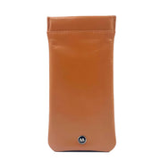 Tan Italian leather glasses sleeve standing upright with embossed logo