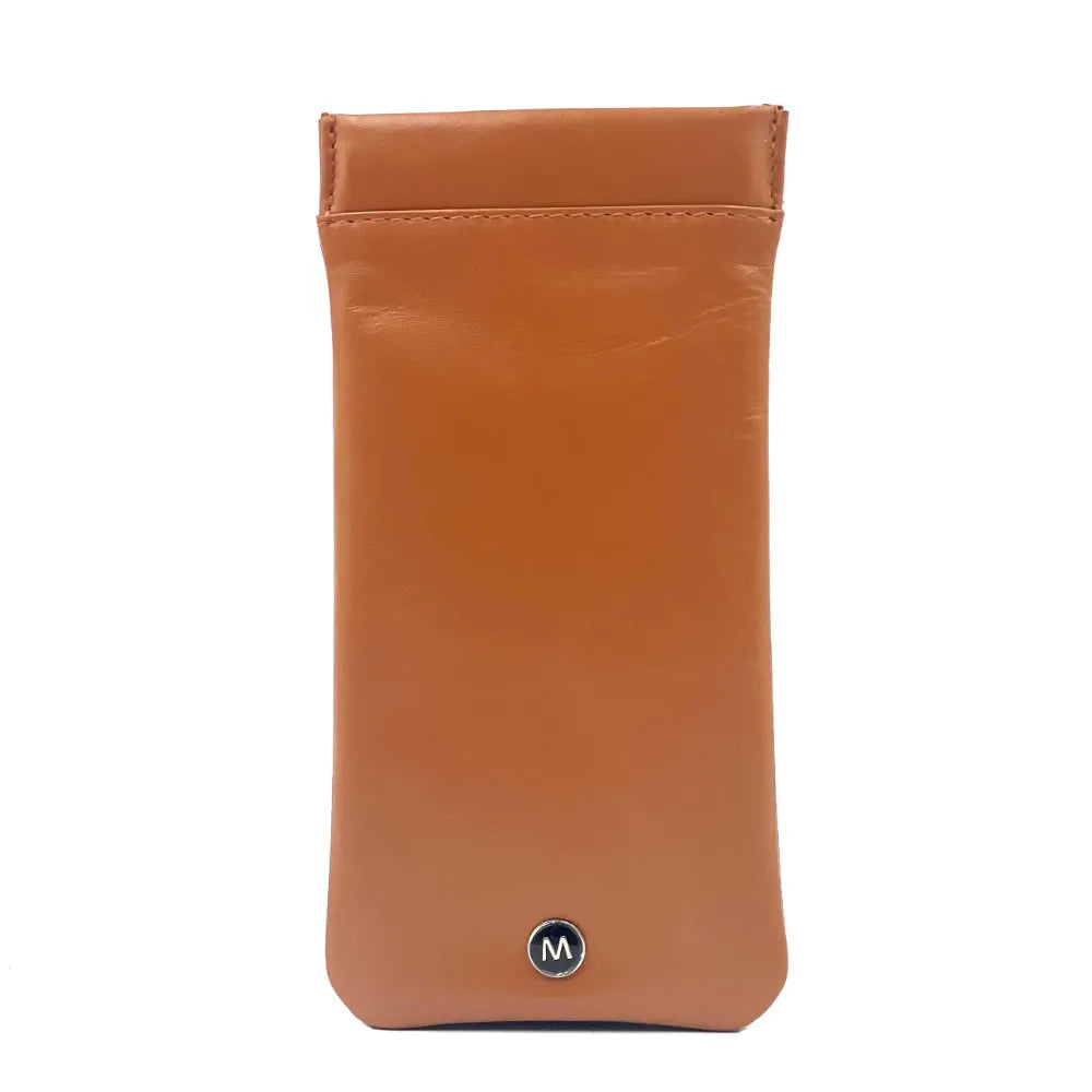 Tan Italian leather glasses sleeve standing upright with embossed logo