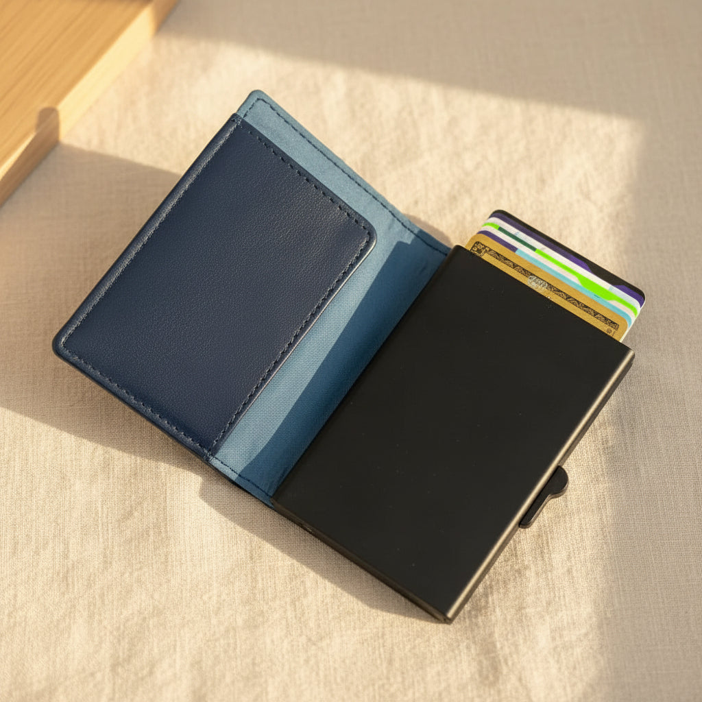 Sky Blue Harris Tweed wallet open showing card slots and note pocket